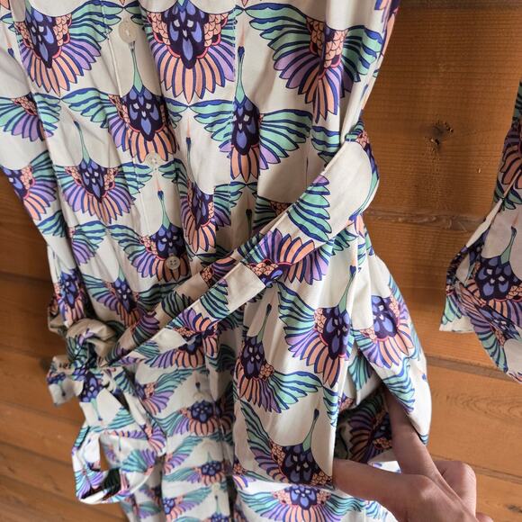 Untuckit Stretch Cotton Midi Peyton Shirtdress 2 Swan Print Bird Belted Buttons - Picture 6 of 6